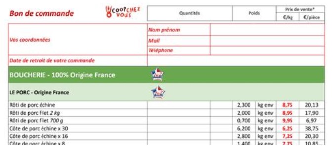 Bon de commande, Coop de chez vous,  La Vallée de la Vie, Maché